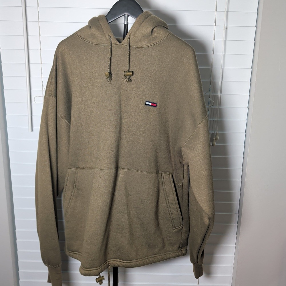 Tommy Hilfiger Hoodie Pullover Men XL Olive Green Logo Streetwear Good